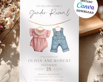 Boho Gender Reveal Invitation, Vintage Baby Clothes Gender Reveal Instant Download, Editable Gender Reveal Invite Template, Neutral Baby