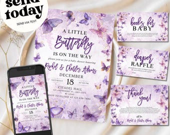 Butterfly Baby Shower Invitation Girl Butterfly Theme Baby Shower Diaper Raffle Pink Purple Butterfly Baby Shower EDITABLE Instant Download