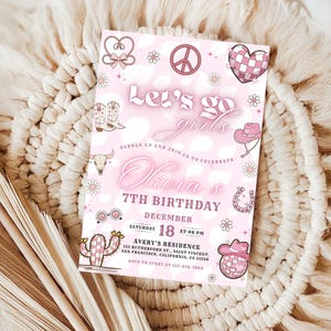 Let&#39;s Go Girls Birthday Invitation Template Editable Hot Pink Cowgirl Birthday Party Disco Rodeo Western Invite Space Cowgirl
