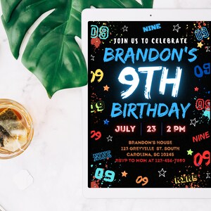 May include: A digital birthday invitation with a black background and colorful paint splatters. The text reads "Join us to celebrate Brandon's 9th Birthday" with a neon blue "9th" and red "Birthday". The date and time are July 23, 2 PM. The location is Brandon's House, 123 Greyville St. South, Carolina, SC 10245. The RSVP number is 123-456-7890.