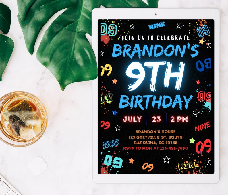 May include: A digital birthday invitation with a black background and colorful paint splatters. The text reads "Join us to celebrate Brandon's 9th Birthday" with a neon blue "9th" and red "Birthday". The date and time are July 23, 2 PM. The location is Brandon's House, 123 Greyville St. South, Carolina, SC 10245. The RSVP number is 123-456-7890.
