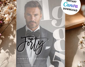 Invitación minimalista de cumpleaños número 40 para hombres adultos, invitación moderna editable de cumpleaños número 40, invitación digital animada de cumpleaños número 40 para hombres