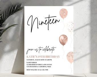 19th Birthday Invitation Editable, Nineteen Birthday Invite, Girl Birthday Party Digital Download, 19th Birthday, 14th Birthday, 13th Invite