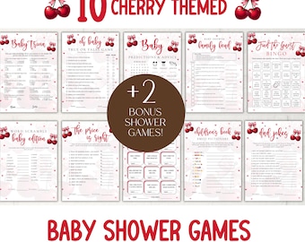 Baby Shower Games Bundle, Cherry Baby Shower Printables, Pink Bow Baby Shower Games, Printable Funny Simple Baby Shower Games, Fun Activity