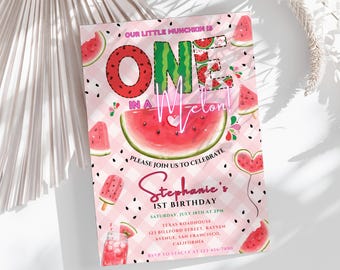 Editable Watermelon Invitation Birthday Invitations Pink Watermelon Party One in a Melon 1st Birthday Instant download Printable