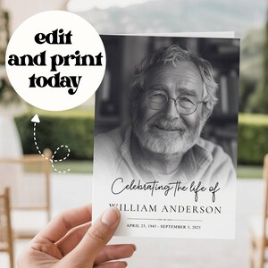 Peut inclure: Une carte de programme funéraire avec un portrait en noir et blanc d'une personne âgée à lunettes et barbe. Le texte indique Celebrating the life of WILLIAM ANDERSON, APRIL 25, 1945 - SEPTEMBER 5, 2025. Un graphique circulaire dit edit and print today.