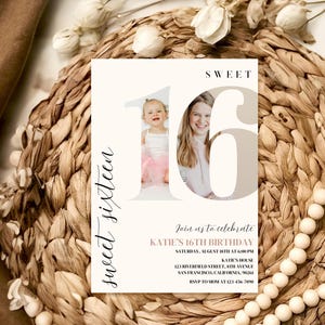 May include: A white invitation card with a large number 16 in the center. The number is made up of two photos, one of a young girl and one of a young woman. The text "Sweet Sixteen" is written in cursive on the left side of the card. The text "Join us to celebrate Katie's 16th Birthday" is written in cursive on the bottom of the card. The date, time, and location of the party are listed below the text.