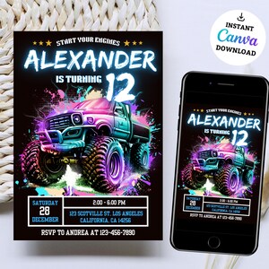 Monster Truck Geburtstagseinladungsvorlage: Bearbeitbare Canva Invite (Digital)