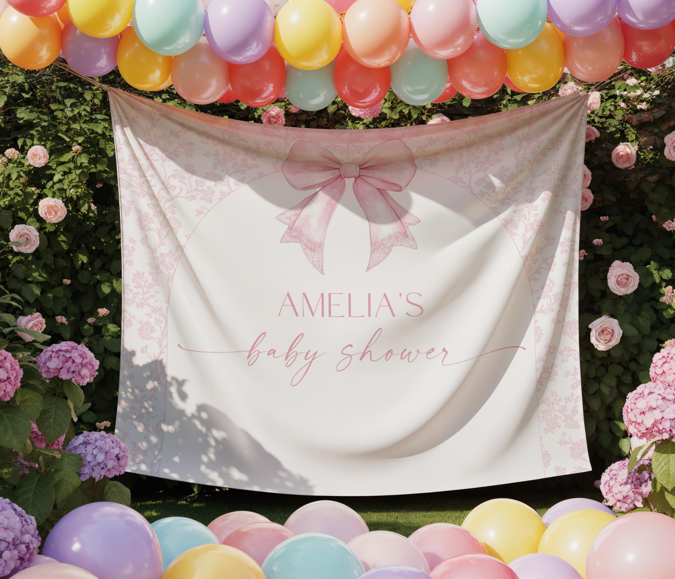 Pink Bow Floral Baby Shower Backdrop Sign Template, Elegant Bow Baby ...