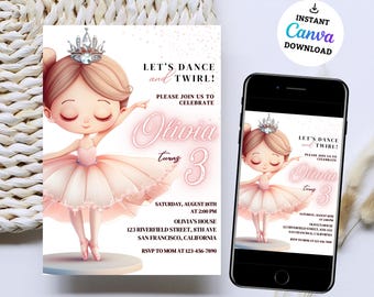 Invitación de cumpleaños de bailarina Invitación de cumpleaños de niña bailarina de ballet moderna Tutu Linda bailarina Fiesta de cumpleaños editable con temática de ballet