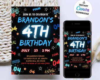Boy 4th Birthday Invitation: Canva Template (Digital Download)