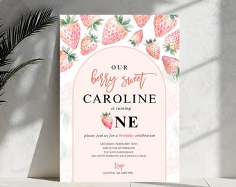 Sjabloon Berry Sweet eerste verjaardagsuitnodiging, aardbei 1e verjaardag uitnodigen, meisjes 1e verjaardag, afdrukbare uitnodiging, verjaardagsuitnodiging