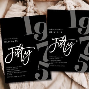 May include: Two black invitations with the text "join us to celebrate OLIVIA IS" and "Fifty" in white script. Large gray numbers "1975" are behind the text. Additional text includes event details.