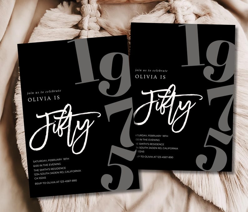 May include: Two black invitations with the text "join us to celebrate OLIVIA IS" and "Fifty" in white script. Large gray numbers "1975" are behind the text. Additional text includes event details.