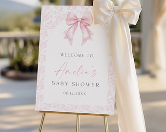 Pink Bow Floral Baby Shower Welcome Sign Template, Elegant Bow Baby Shower Sign, Pastel Flowers Welcome Poster, Baby Girl Coquette Sign