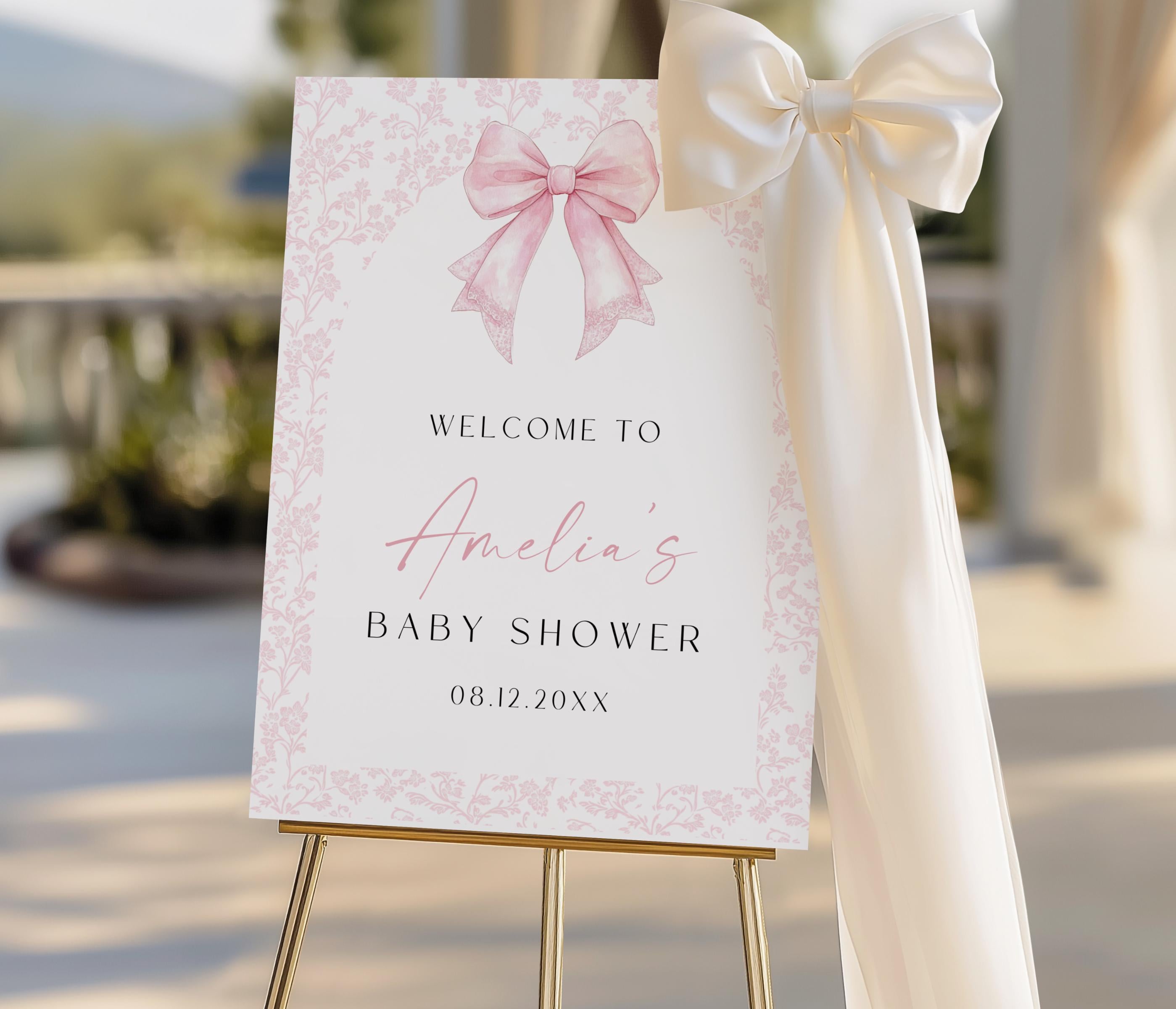 Pink Bow Floral Baby Shower Welcome Sign Template, Elegant Bow Baby ...