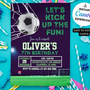 Plantilla de tarjeta de invitación de cumpleaños de fútbol editable, invitación de fútbol Plantilla de tarjeta de invitación de fútbol, editable en Canva, cumpleaños de niño
