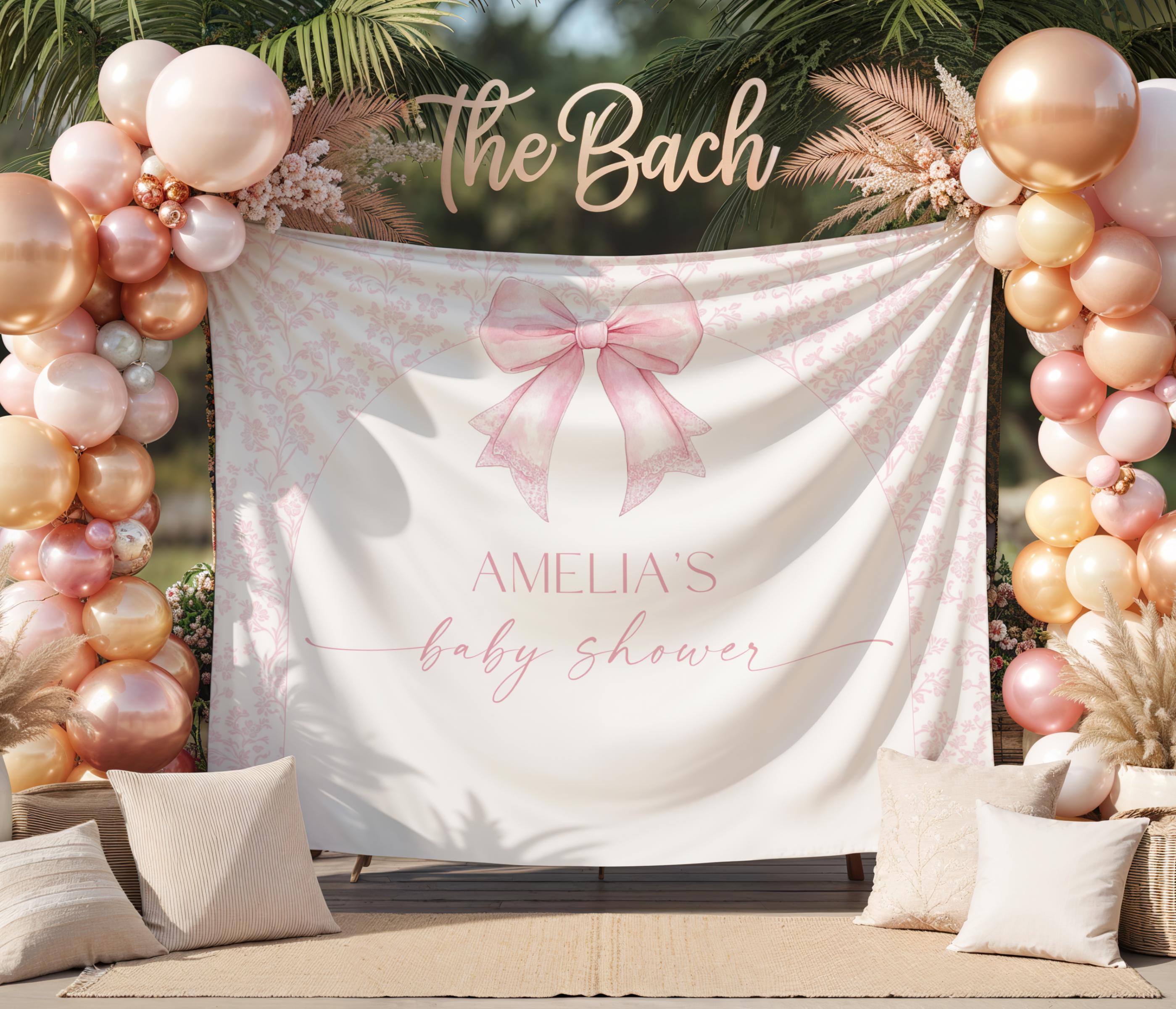 Pink Bow Floral Baby Shower Backdrop Sign Template, Elegant Bow Baby ...
