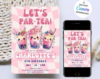 Par-Tea Invitation Boba Tea Birthday Invitation Template, Boba Birthday Invitation, Boba Birthday Party, Editable, Milk Tea Birthday Invite