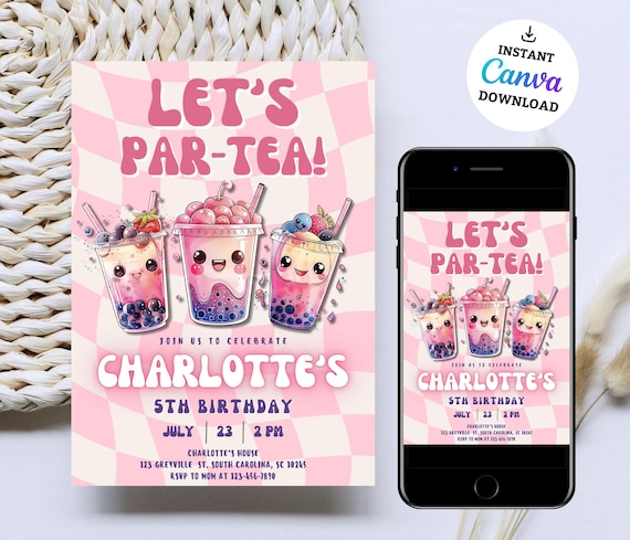 Par-Tea Invitation Boba Tea Birthday Invitation Template, Boba Birthday Invitation, Boba Birthday Party, Editable, Milk Tea Birthday Invite