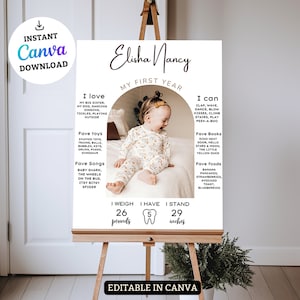 Minimalist First Birthday Milestone Board Template (Digital Download)