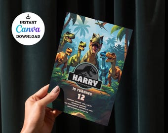 May include: A colorful dinosaur-themed birthday invitation featuring various dinosaurs in a jungle setting. The invitation includes the text "HARRY IS TURNING 12" and "INSTANT CANVA DOWNLOAD" on a white circle.