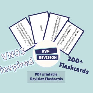 May include: A light blue graphic with white text and flashcards. The flashcards contain medical terms and questions. The image also includes the text "RVN Revision", "200+ Flashcards", and "PDF printable Revision Flashcards".