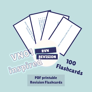 May include: A light blue graphic featuring white flashcards with dark blue borders. The flashcards display text. The image includes the words "RVN Revision", "100 Flashcards", and "PDF printable Revision Flashcards".