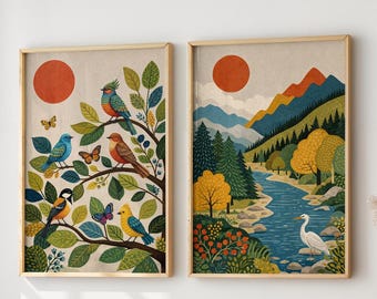 Colorful Nature Wall Art Set of 2, Birds & Mountain Landscape Posters, Mid Century Modern Botanical Prints