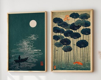 Japanese Wall Art Set of 2, Moon River & Lotus Pond Prints, Japandi Nature Posters, Zen Botanical Decor