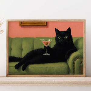 Cocktail Cat on Sofa Poster – Funny Retro Wall Art Featuring Black Cat with Martini, Chic Decor for Bars, Lounges or Cat Lovers