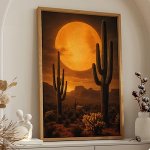 Desert Cactus Moon Poster, Southwestern Wall Art, Orange Full Moon Print, Boho Sunset Landscape, Western Minimalist Home Decor