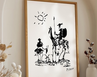 Impression d'art Don Quichotte de Picasso, dessin au trait noir et blanc