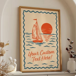 Poster personalizzato con barca a vela al tramonto - Arte murale nautica vintage con testo personalizzato, decorazione marina retrò per la casa o come regalo, poster personalizzato, BT01