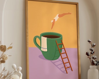 Coffee Diver Art Print – Playful Kitchen Cafe Wall Decor