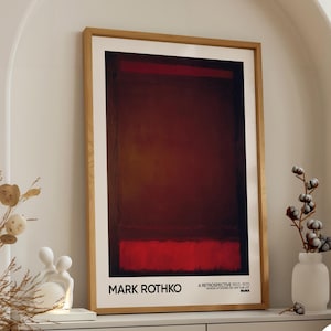 Manifesto della mostra retrospettiva di Mark Rothko, stampa artistica da parete rosso bordeaux intenso, arte minimalista con campi di colore vintage per interni moderni