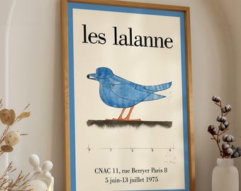 Les Lalanne Blaue Bordüre Ausstellungsplakat, Vintage Vogel Kunstdruck, französische minimale Tierillustration für elegante Innenräume