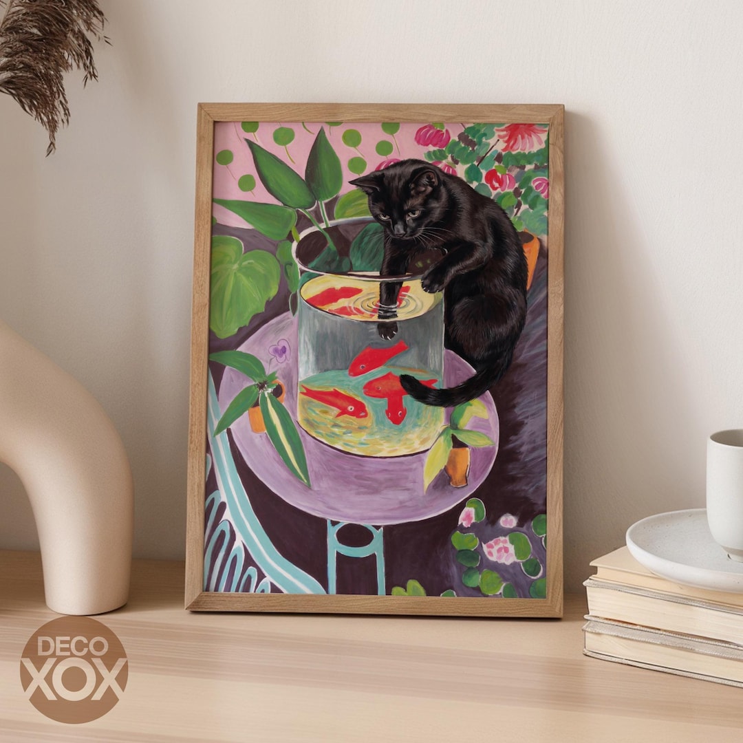 Black Cat Fish Bowl Print, Matisse Style Art, Colorful Modern ...