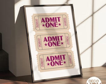 Retro Admit One Ticket Print | Magenta & Beige Movie Room Decor