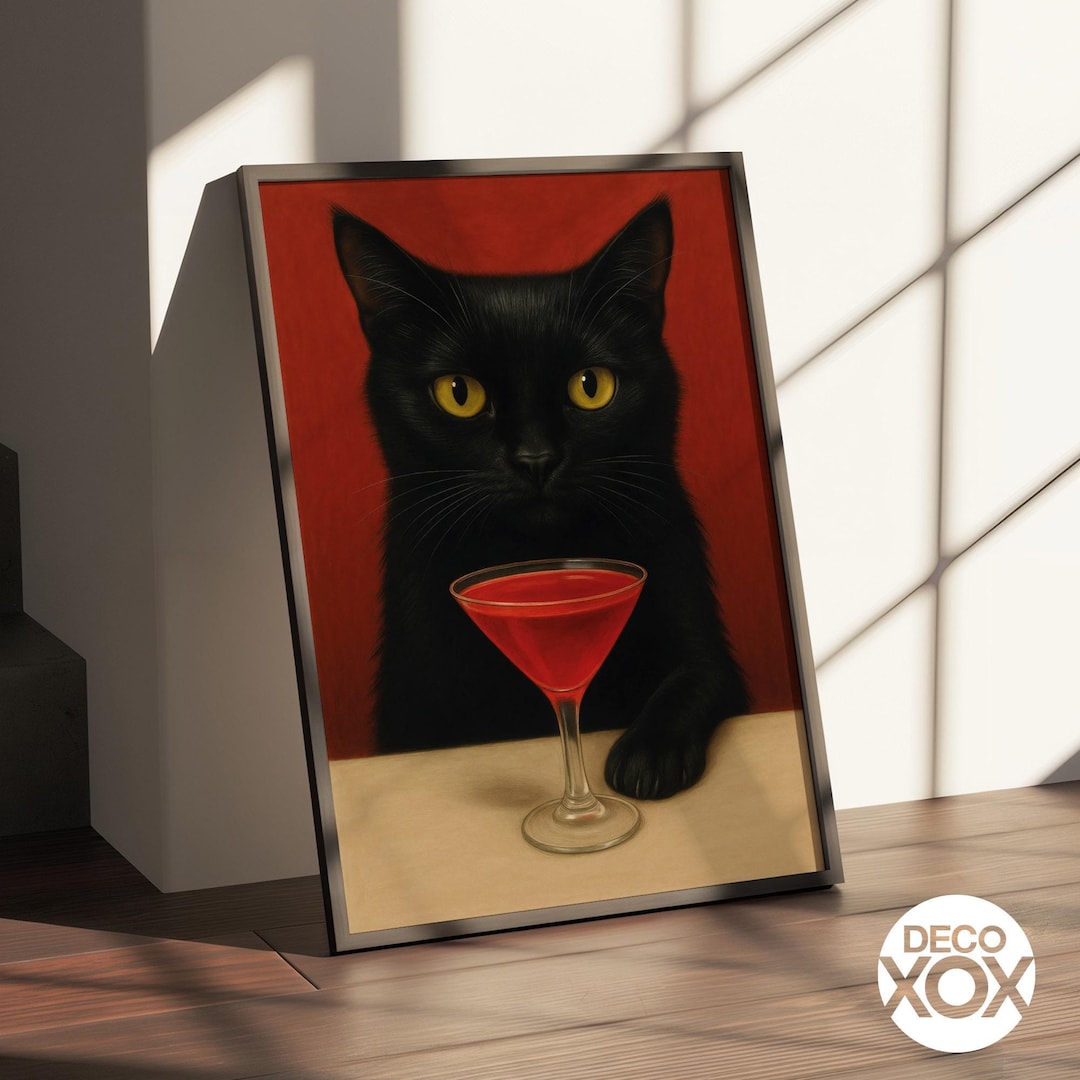 Black Cat Cocktail Art Print – Whimsical Bar Wall Decor - Etsy