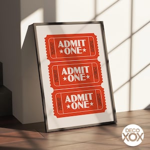 Admit One Red Ticket Wall Art Print | Retro Theater Poster for Movie Lovers, Dorm Decor or Bar Cart Gallery | Bold Vintage Ticket Design