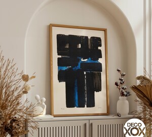 Tableau Pierre Soulages - Affiche Toile Abstraite Noir Et Bleu, 60x80 Cm, Décoration Murale Moderne