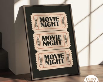 Retro Movie Night Ticket Poster, Vintage Home Theater Art Print