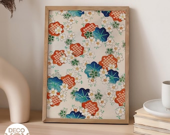 Japanese Floral Pattern Poster, Vintage Kimono Print, Colorful Japandi Wall Art