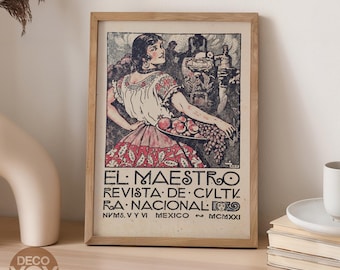 El Maestro Mexico Poster, Vintage Mexican Woman Print, Folk Art Wall Decor