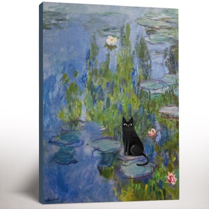 Canvas Wall Art, Cat Print, Monet Waterlily, Funny Gift Poster, Wall Art Home Decor, Claude Monet Cat Poster, Black Cat Art, Catlovers Gift