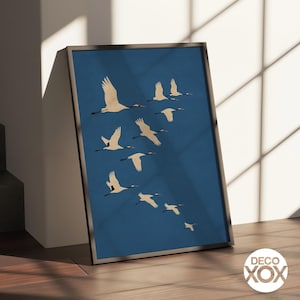 Japanese Crane Birds Poster – Minimalist Blue Wall Art with Flying Cranes, Elegant Nature Print for Calm and Serene Interiors