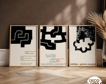 Eduardo Chillida Poster Set of 3, Galerie Maeght Abstract Prints, Minimalist Exhibition Wall Art