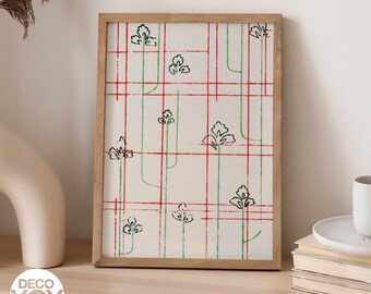 Japanese Floral Grid Poster, Minimal Textile Pattern Print, Red Green Japandi Wall Art