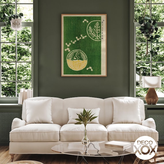 Japanese Woodblock Print, Vintage Botanical Wall Art, Green and